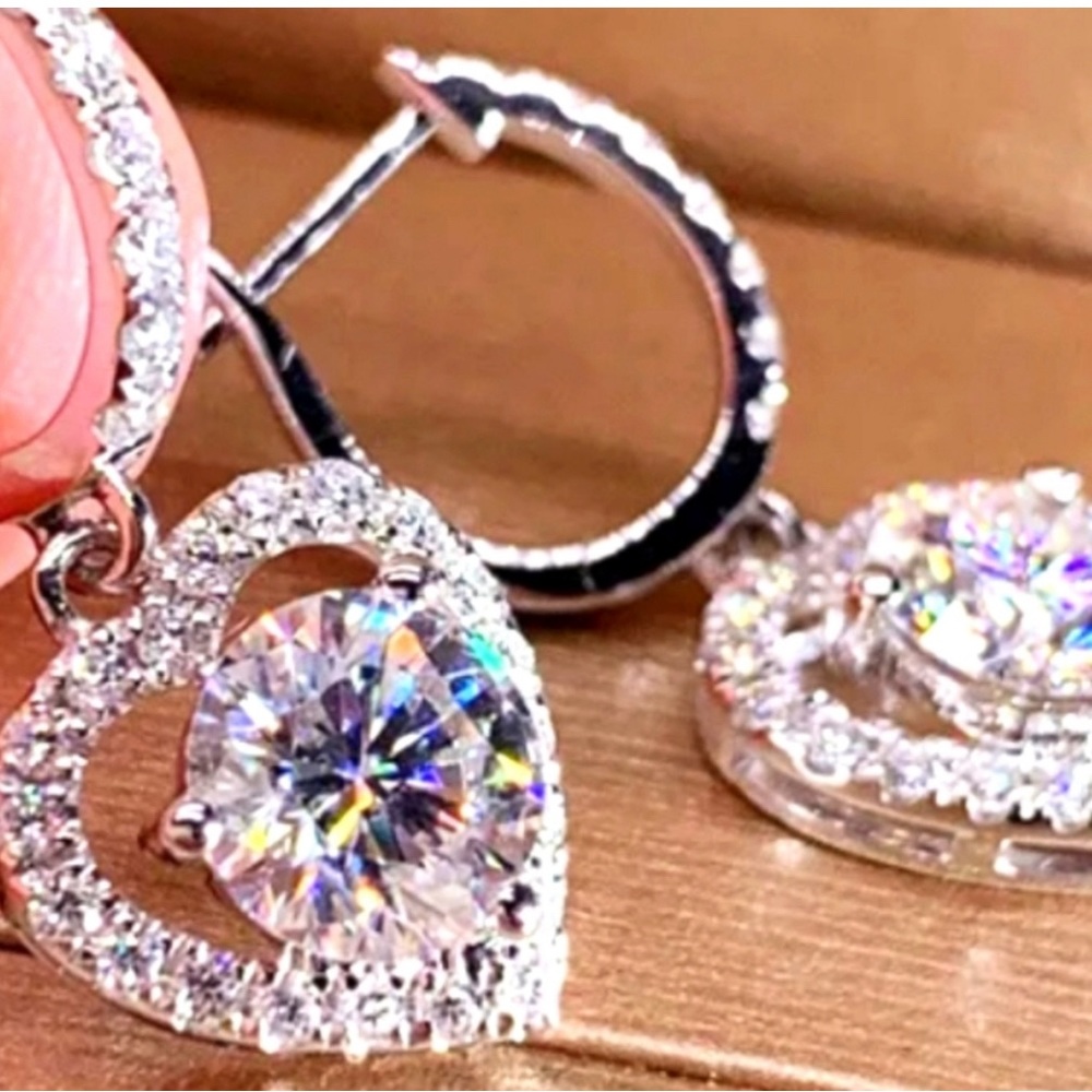 Silver Heart Rhinestone Earrings - Picture 2 of 2